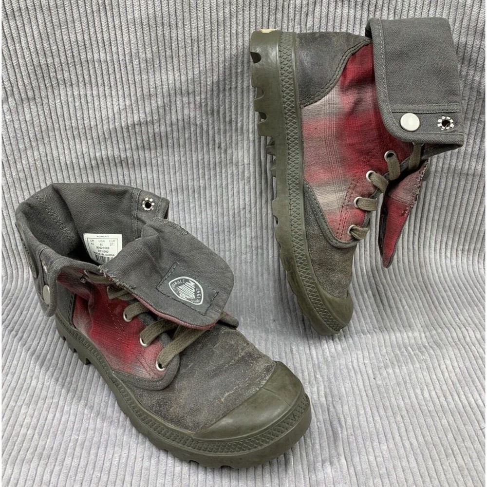Palladium Boots Womens 6.5 Red Plaid Distressed Canvas Fold Over Gray Baggy Look